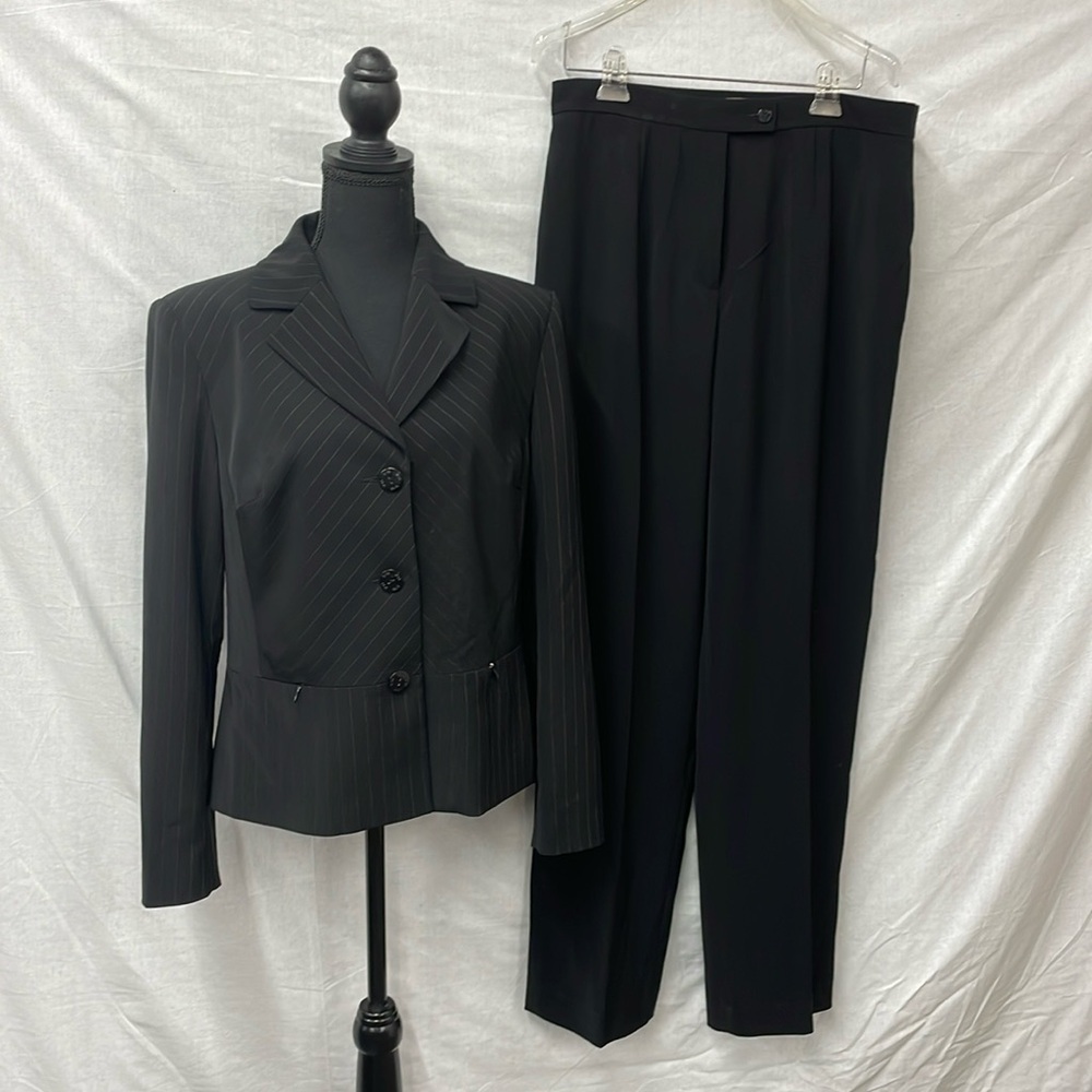 VN 2-piece suit in black, pinstripe on jacket, size 10 jacket, size 12 pants